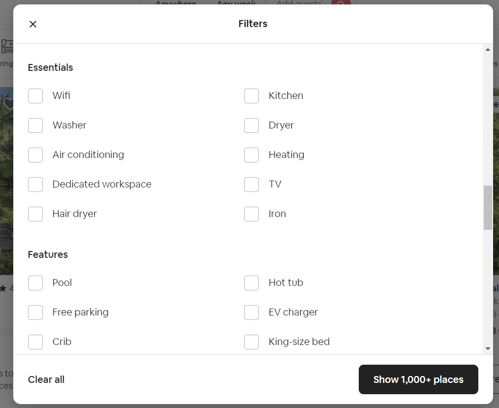 Captura de pantalla mostrando los diferentes filtros de Airbnb